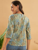 InWeave Women's Dull Green Leaf Floral Print Top | Grocsy