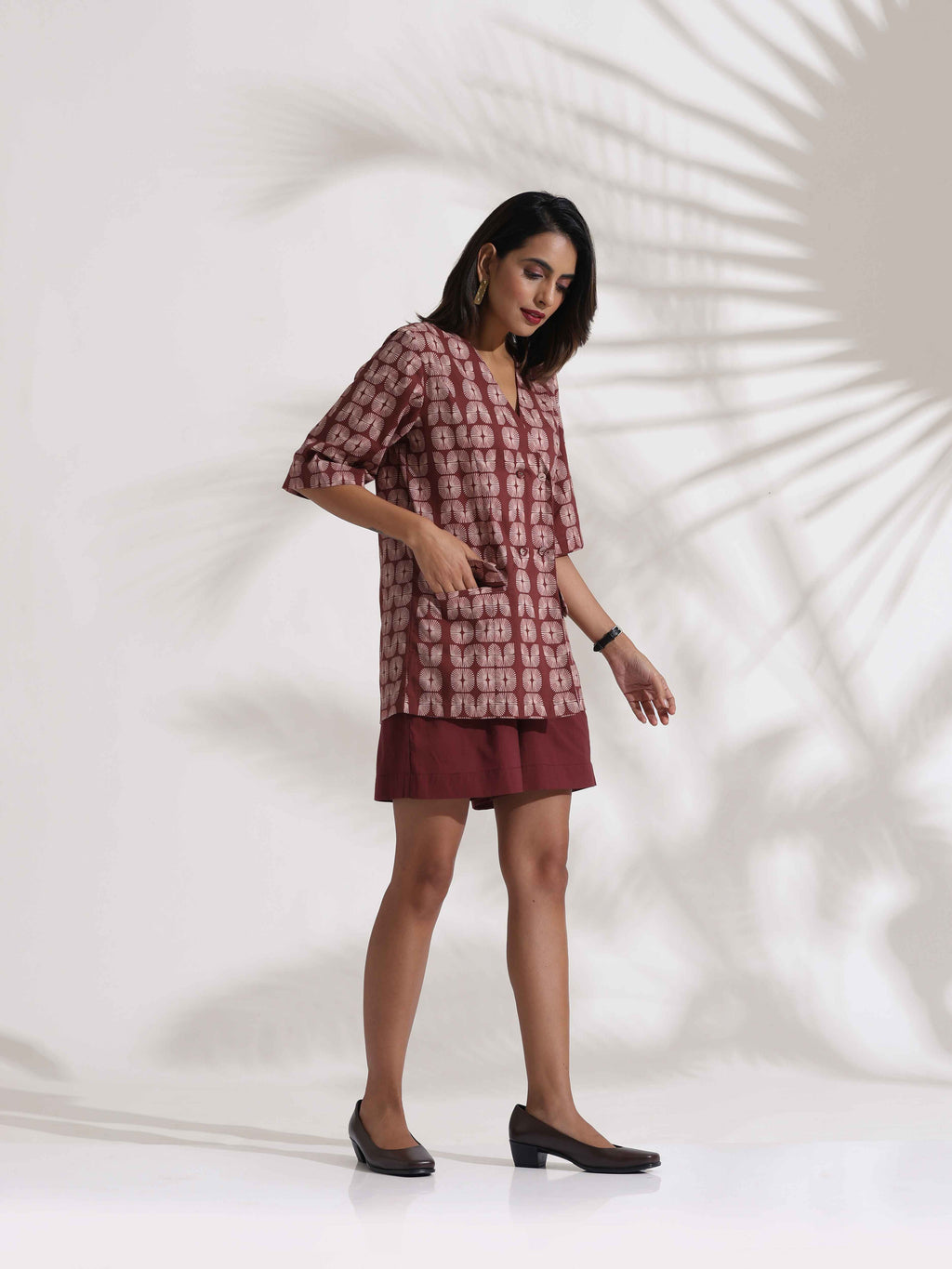 trueBrowns Brown Cotton Print Jacket Top & Short Co-ord Set | Grocsy