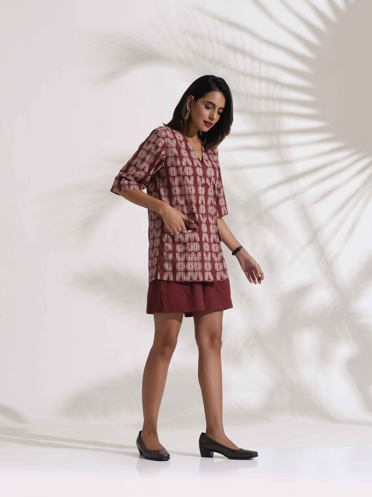 trueBrowns Brown Cotton Print Jacket Top & Short Co-ord Set | Grocsy