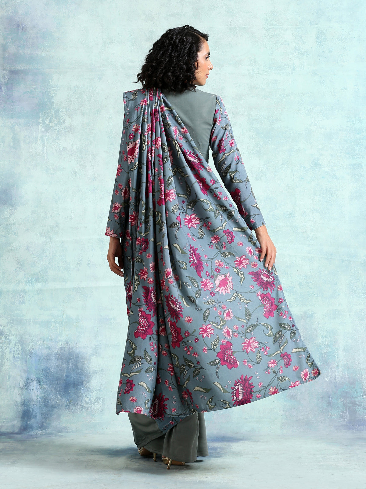 trueBrowns Grey Printed Velvet Ready to Wear Saree | Grocsy