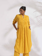 trueBrowns Yellow Cotton Pleated Shirt Kurta Set | Grocsy