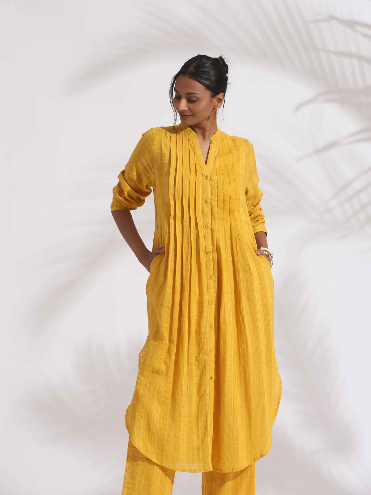 trueBrowns Yellow Cotton Pleated Shirt Kurta Set | Grocsy