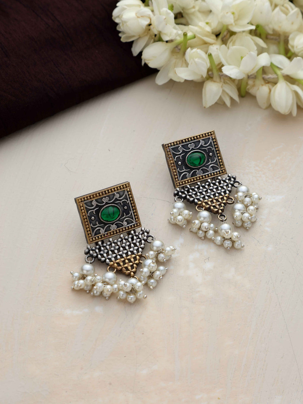 trueBrowns Silver Gold Tone Floral Silver Jaal Dangle Earrings | Grocsy