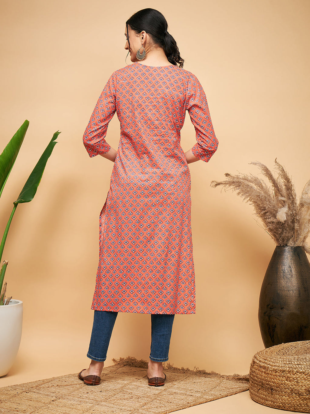 InWeave Women's Coral Blue Boota Print Gota Straight Kurta | Grocsy