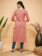 InWeave Women's Coral Blue Boota Print Gota Straight Kurta | Grocsy