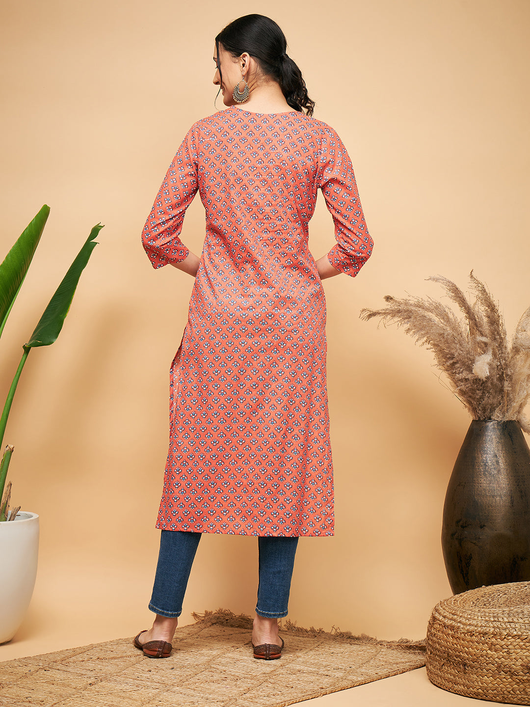 InWeave Women's Coral Blue Boota Print Gota Straight Kurta | Grocsy