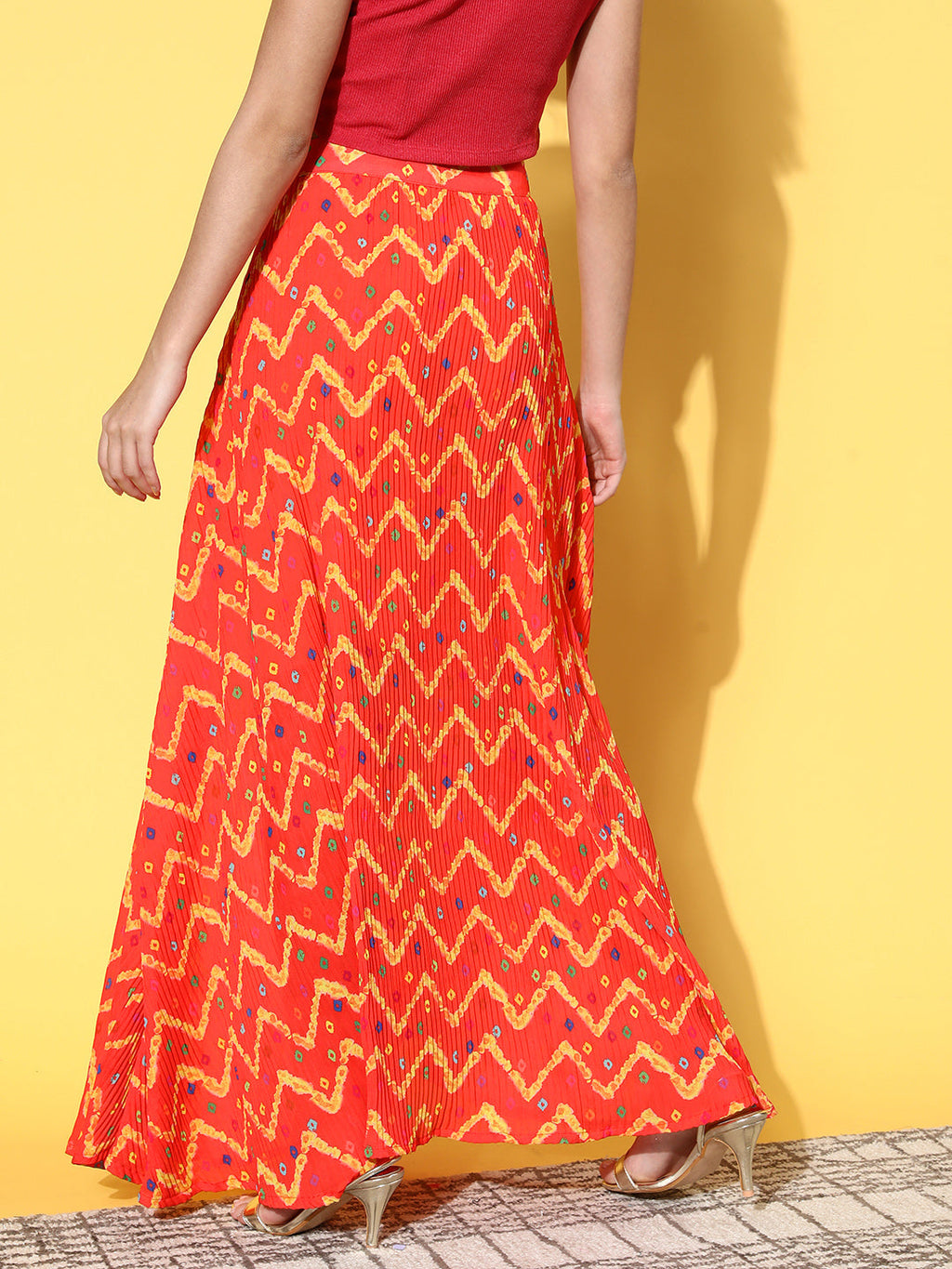 InWeave Women's Orange Bandhej Pleated Skirt | Grocsy
