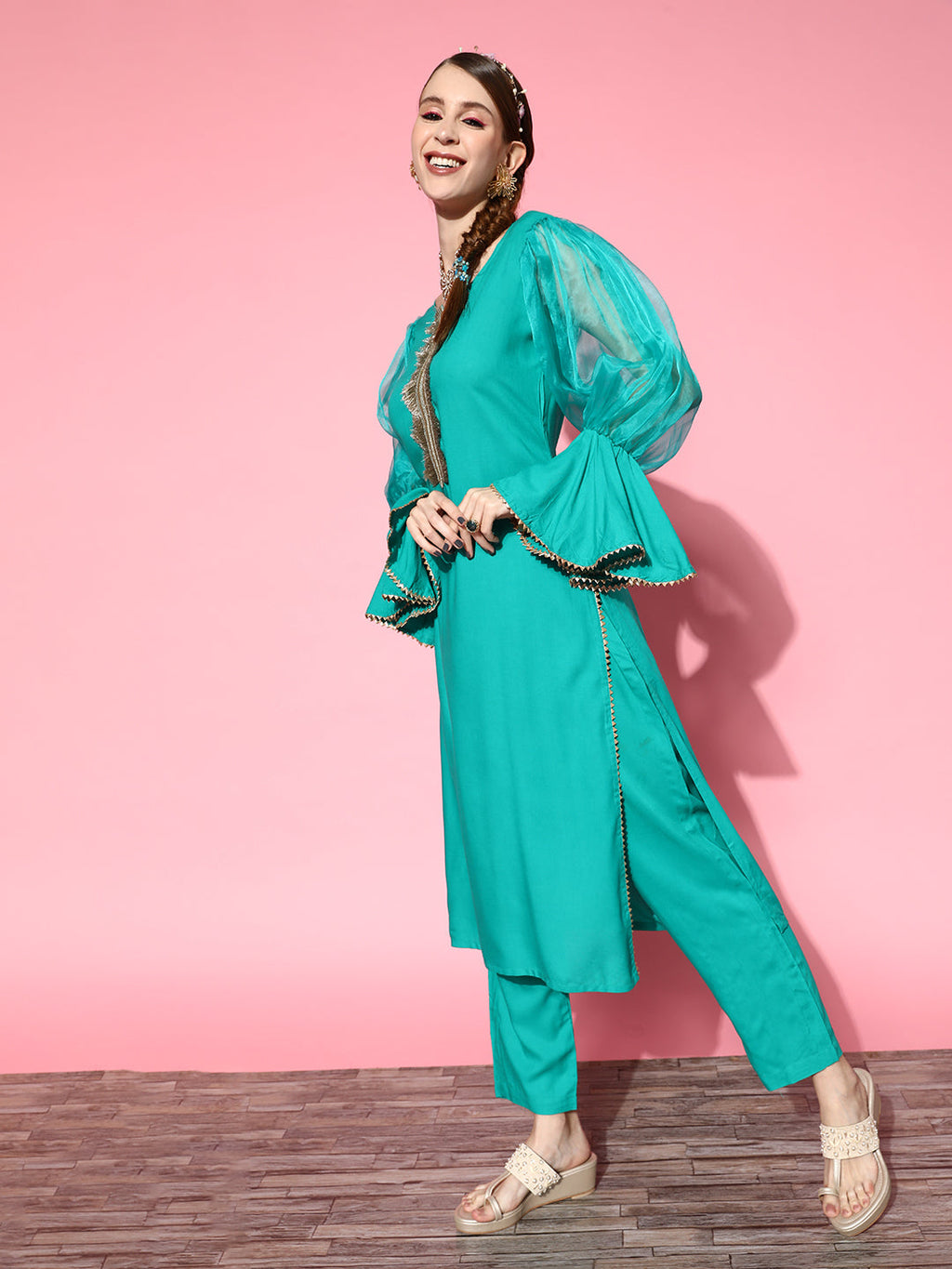 InWeave Women's Aqua Organza Sleeve Gota Work Kurta Set | Grocsy