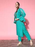 InWeave Women's Aqua Organza Sleeve Gota Work Kurta Set | Grocsy