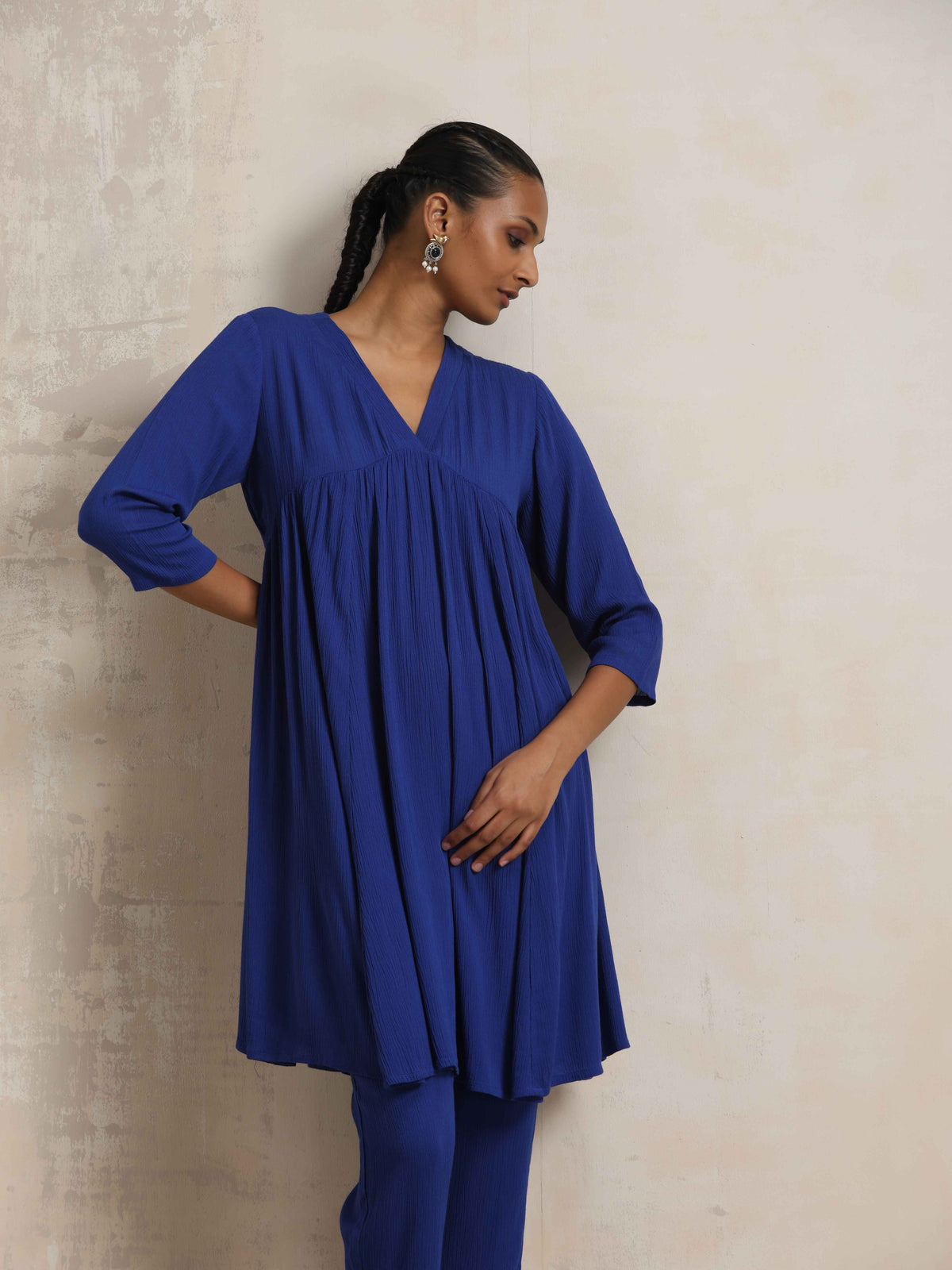 trueBrowns Blue Crinkle Flared Kurta Co-ord Set | Grocsy