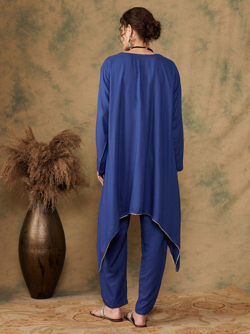 InWeave Women's Ink Blue Square Yellow Patch Work Assymentrical Kurta Set | Grocsy