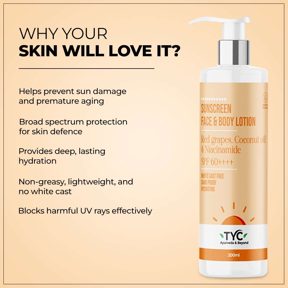 TYC Sunscreen Face & Body Lotion - Red Grapes, Coconut Oil & Niacinamide | SPF 60++++ | Grocsy