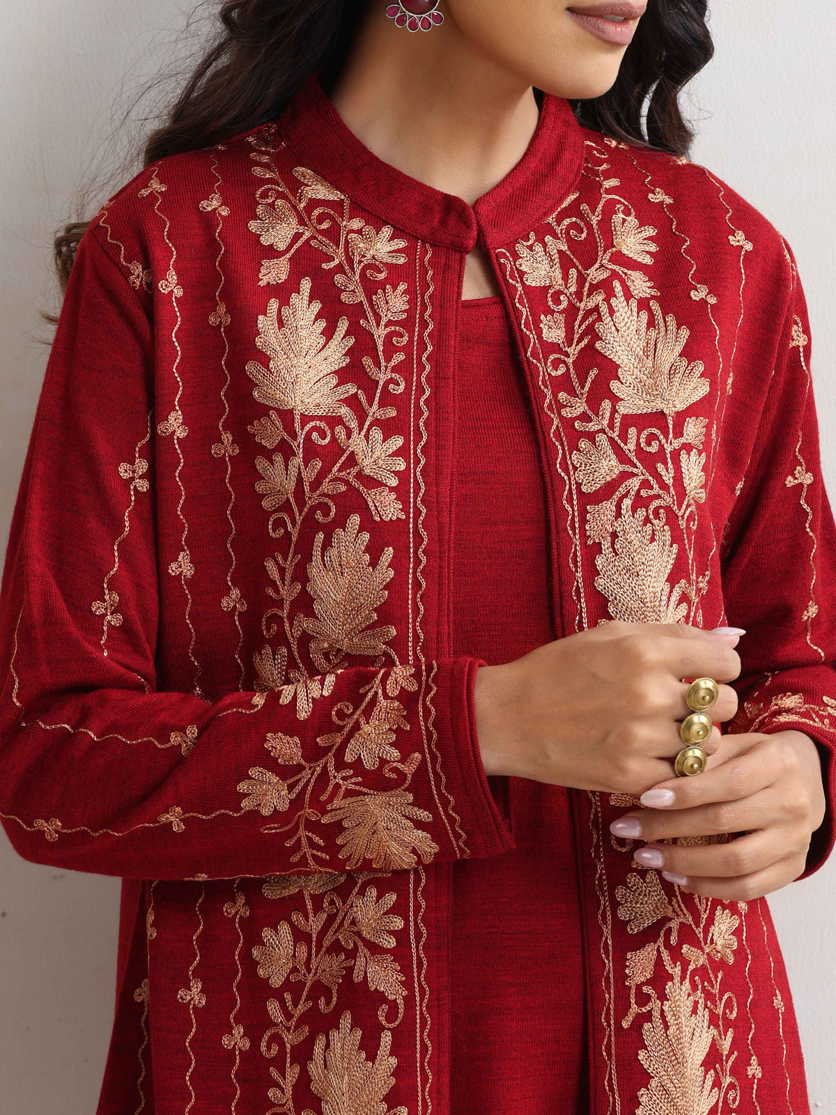 trueBrowns Red Kashmiri Woollen Jacket 3pc Set | Grocsy