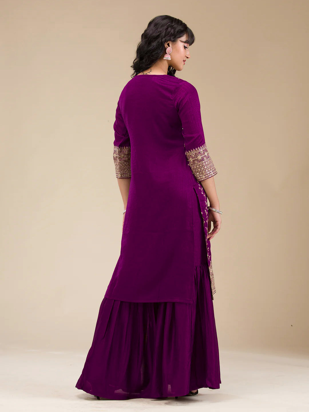 The52 Beautiful Embroidered Vichitra Silk Fabric Straight Kurta, Palazzo and Dupatta Set | Grocsy