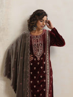 trueBrowns Maroon Velvet Embroidered Kurta Pant Dupatta Set | Grocsy