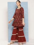 InWeave Women's Brick Rust Ajrakh Sharara Set With Dupatta | Grocsy