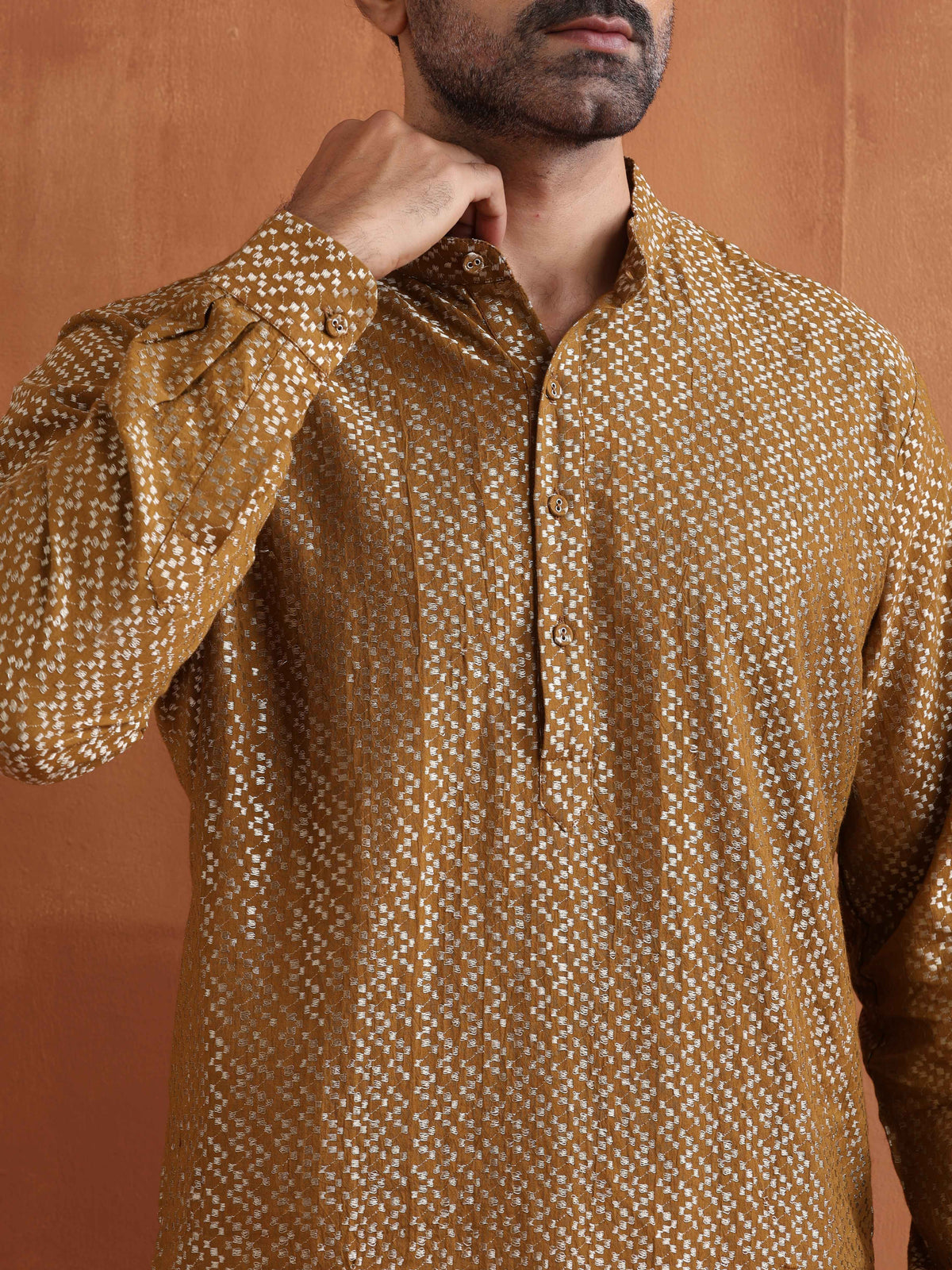 trueBrowns Men's Mustard Cotton Dobby Short Kurta | Grocsy