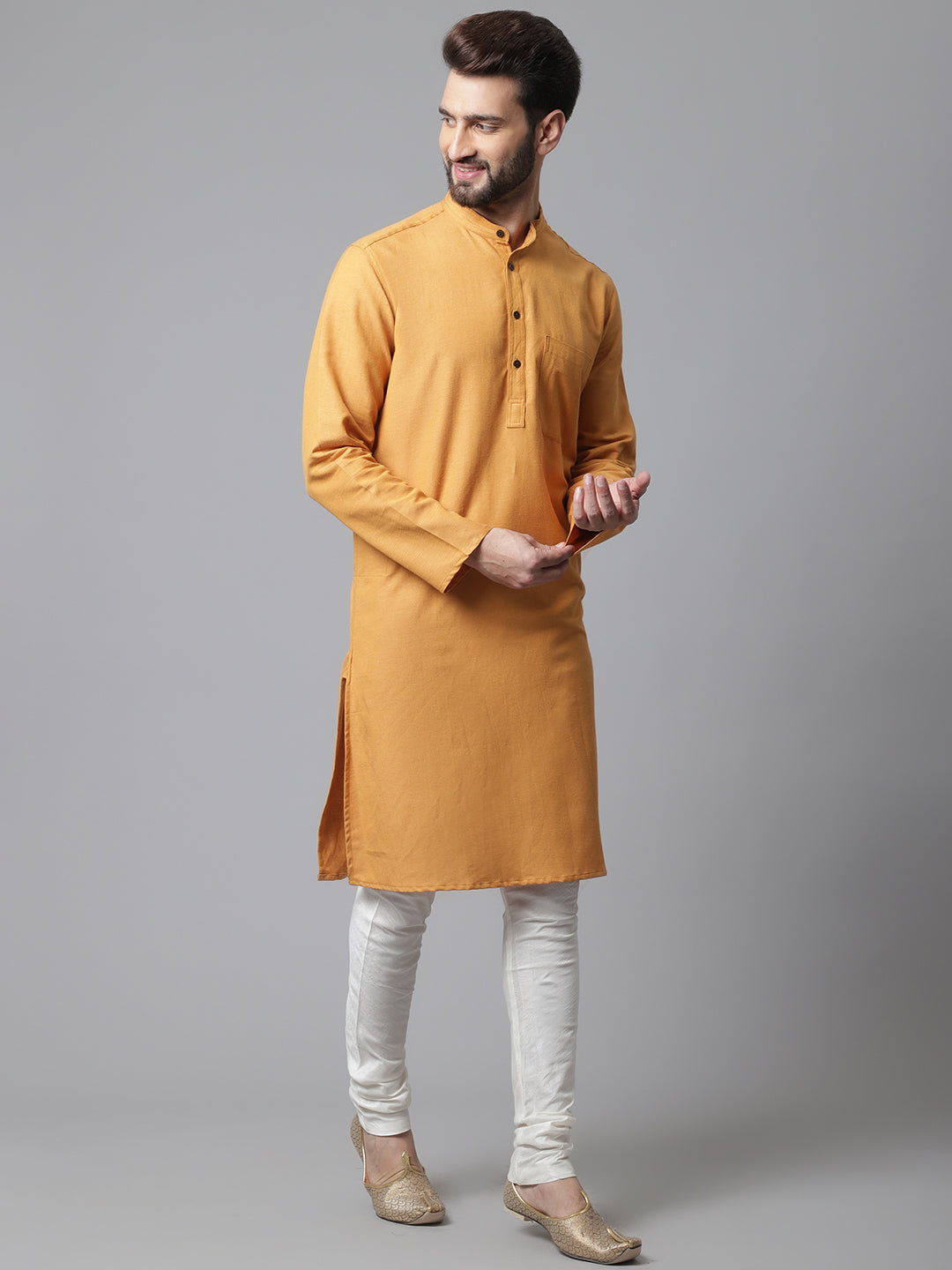 Even Apparels Yellow Solid Kurta With Band Collar | Grocsy