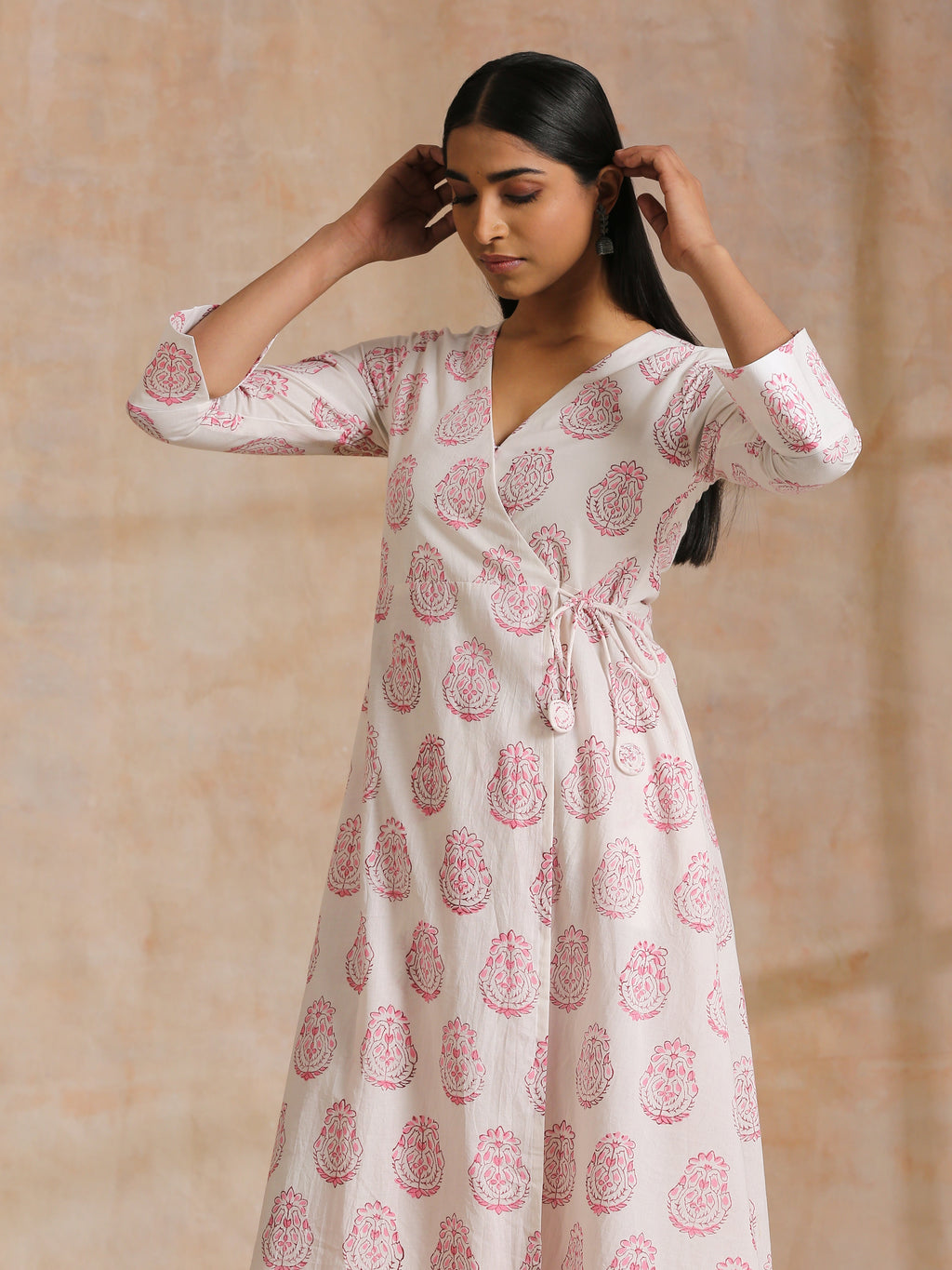 trueBrowns Pink Big Buta On White Print Cotton Angrakha Kurta Pant Set | Grocsy