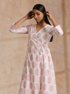 trueBrowns Pink Big Buta On White Print Cotton Angrakha Kurta Pant Set | Grocsy
