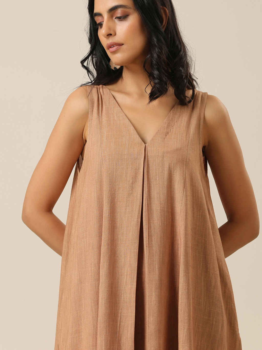 trueBrowns Beige Slub Texture Sleeveless Flared Kurta Pant Set | Grocsy