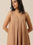 trueBrowns Beige Slub Texture Sleeveless Flared Kurta Pant Set | Grocsy