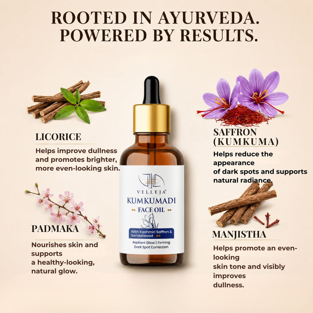Velleja Kumkumadi Face Oil with Kashmiri Saffron & Sandalwood | Ayurvedic Anti Aging Face Serum for Brightening, Dark Spots & Pigmentation | Grocsy
