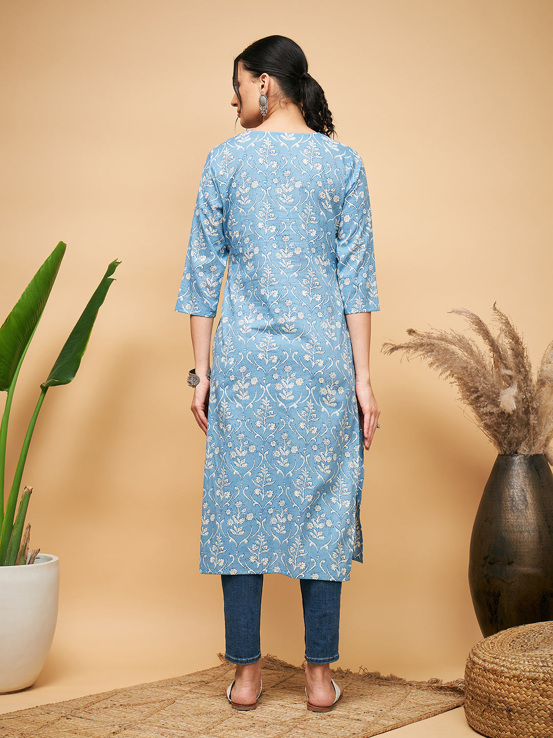 InWeave Women's Powder Blue White Print Lace Straight Kurta | Grocsy