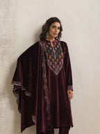 trueBrowns Purple Velvet Geometric Embroidered Kurta Pant Dupatta Set | Grocsy