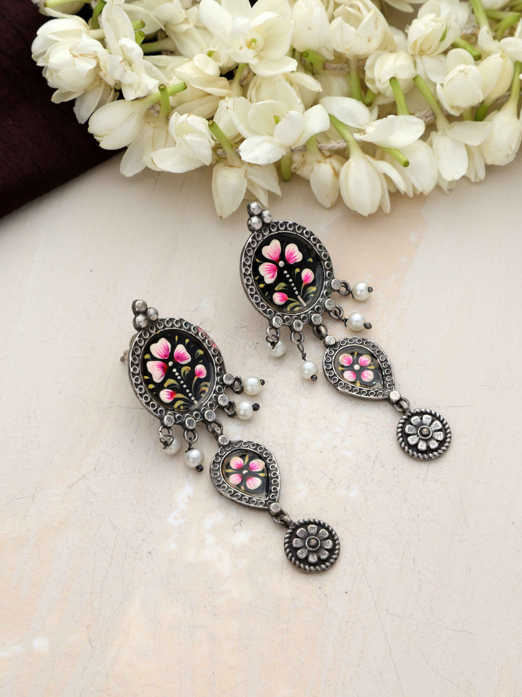 trueBrowns Silver Tone Handpainted Dangle Earrings | Grocsy