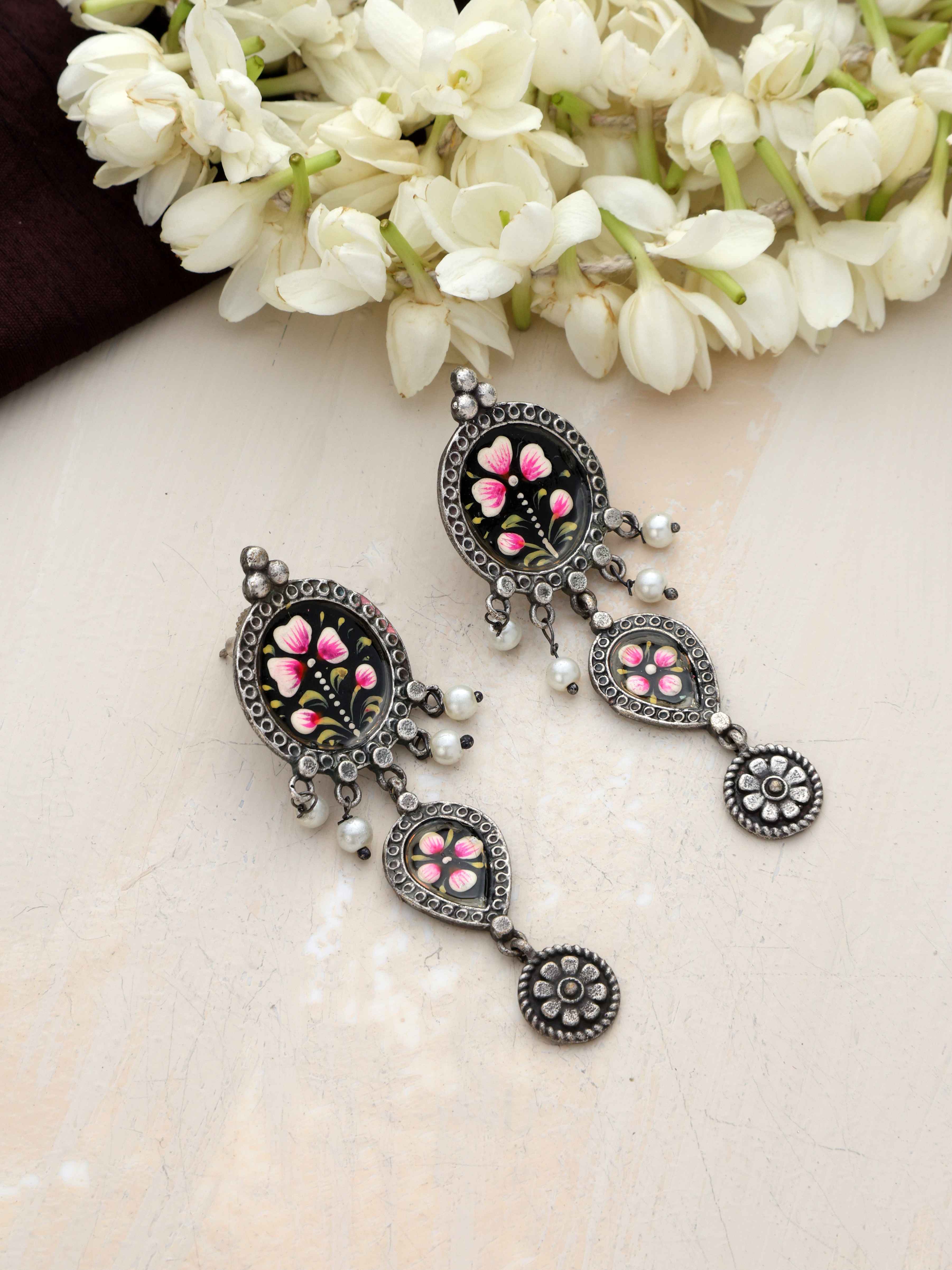 trueBrowns Silver Tone Handpainted Dangle Earrings | Grocsy