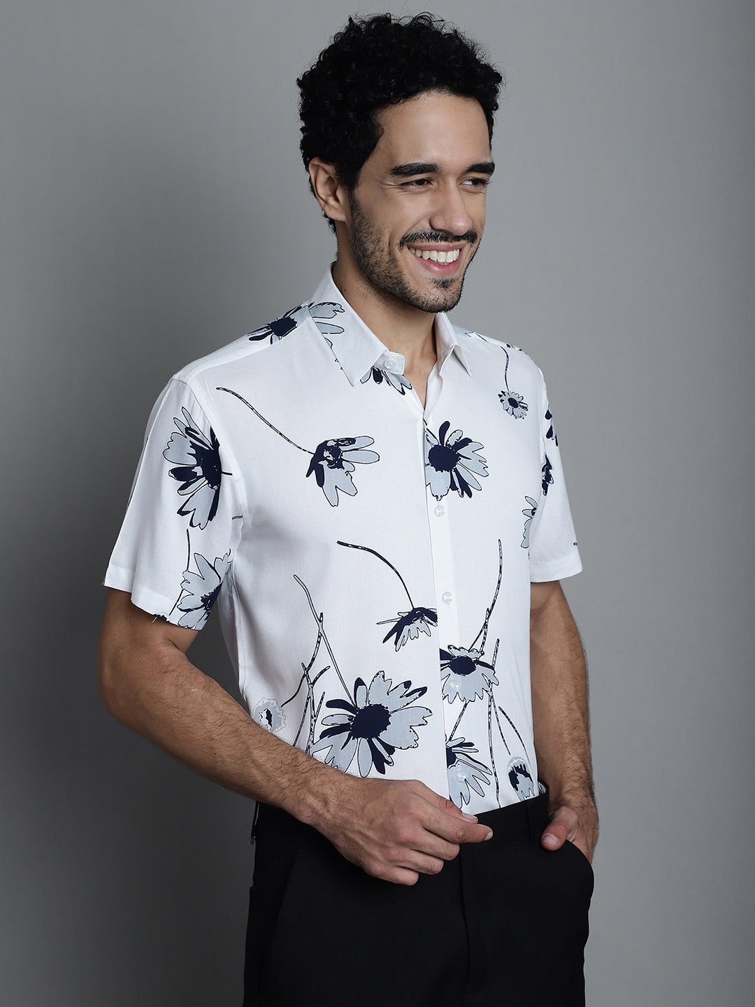 Jainish Men's Floral Printed Formal Shirts - White | Grocsy