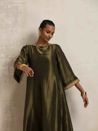 trueBrowns Olive Green Tissue Flared Anarkali Kurta Set | Grocsy