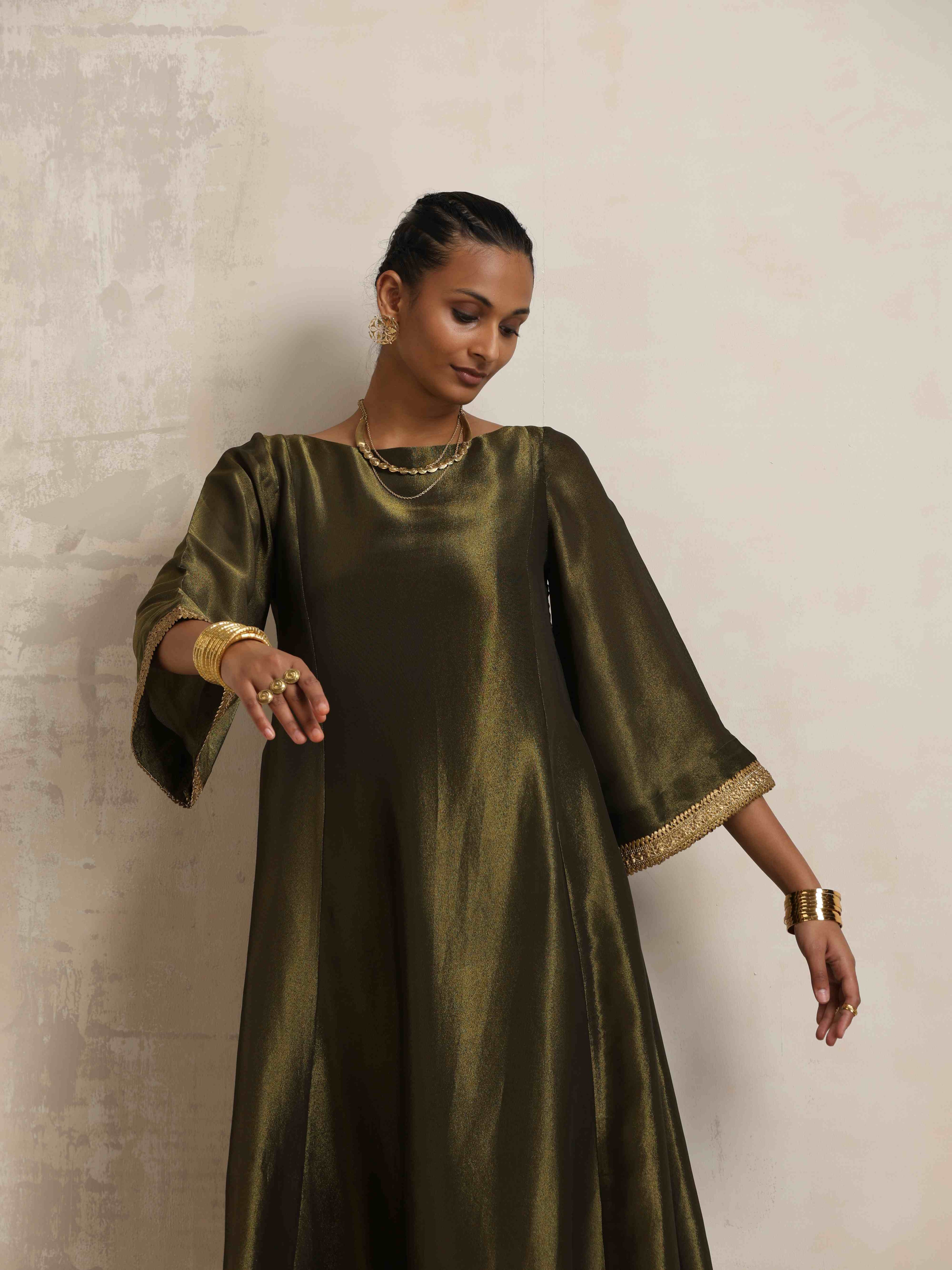 trueBrowns Olive Green Tissue Flared Anarkali Kurta Set | Grocsy