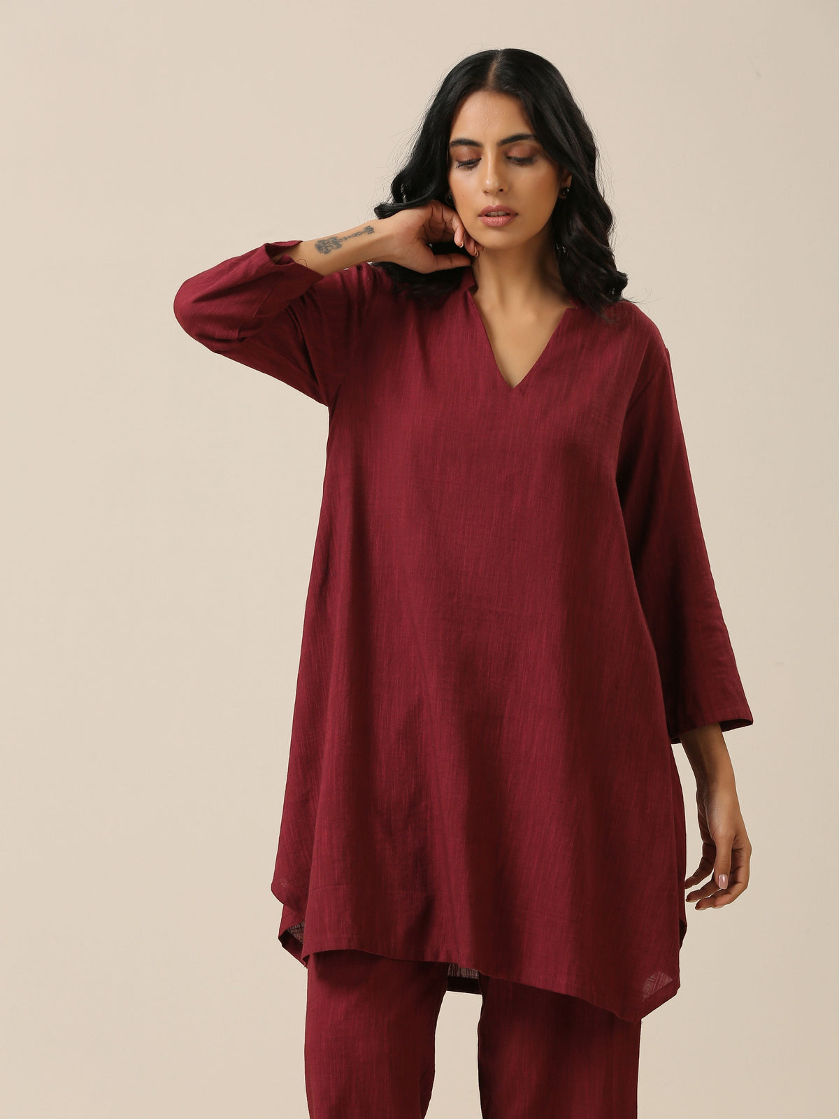 trueBrowns Ruby Wine Slub Textured Collar Co-Ord Set | Grocsy