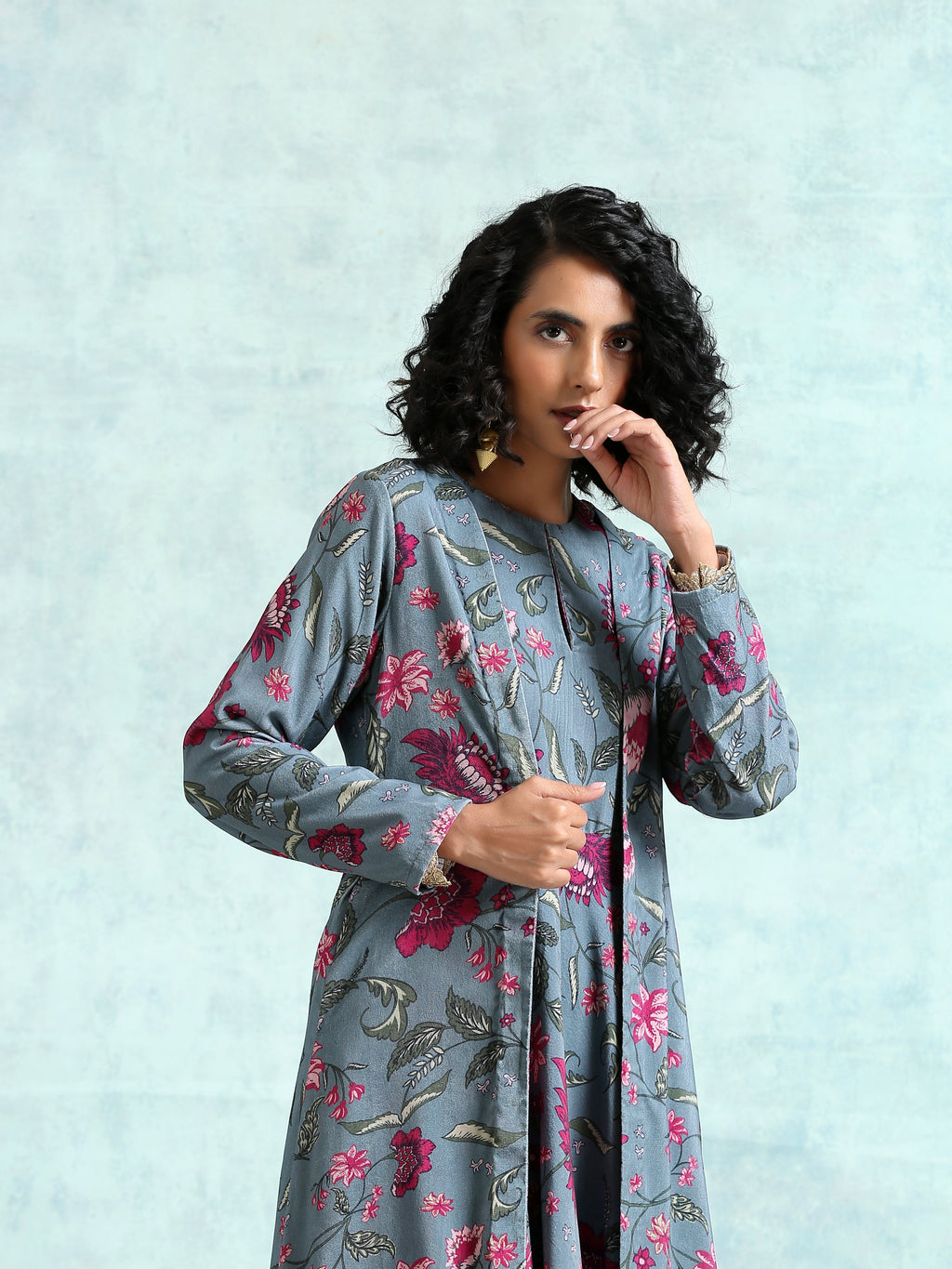 trueBrowns Grey Printed Velvet Overlay Jacket | Grocsy