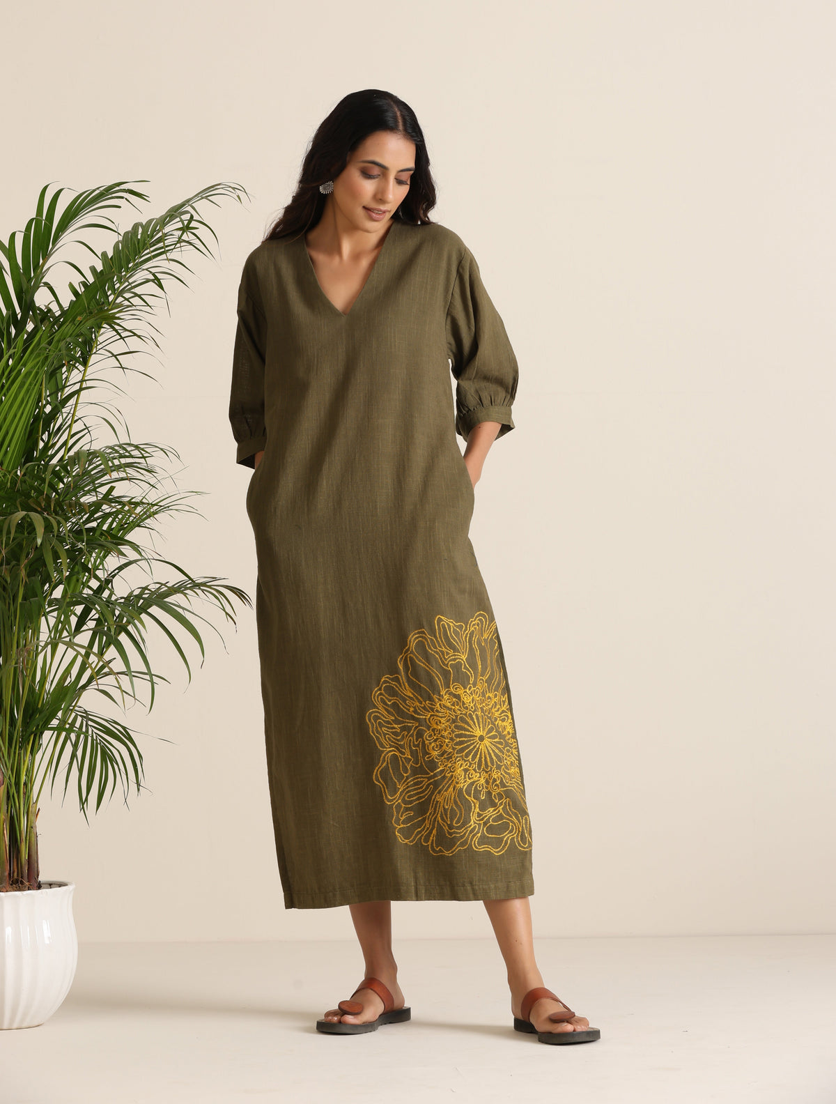 trueBrowns Olive Cotton Embroidered Dress | Grocsy