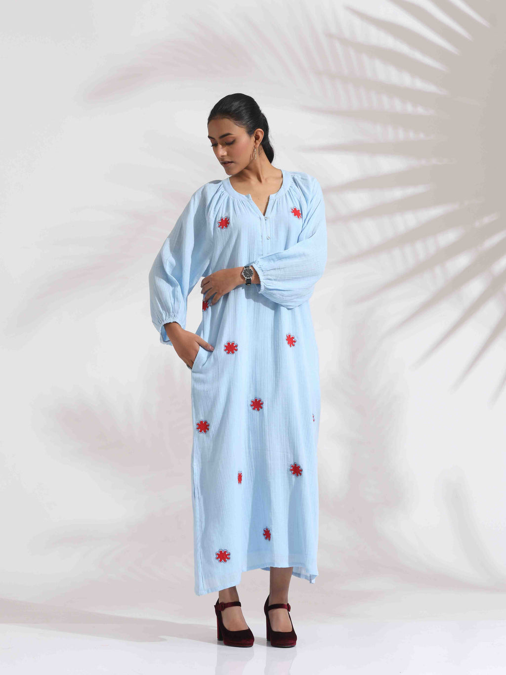 trueBrowns Blue Cotton Embroidered Dress | Grocsy