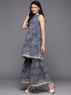 KSUT (House of Varanga) Blue And White Leheriya Halter Neckline Gota Work Kurta With Sharara | Grocsy