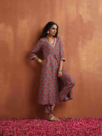 trueBrowns Rust Ajrak Print Slit Kurta Set | Grocsy