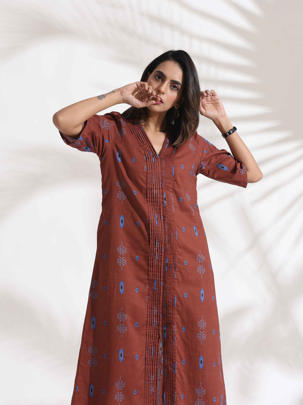 trueBrowns Brown Cotton Print pleated Dress | Grocsy