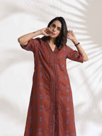 trueBrowns Brown Cotton Print pleated Dress | Grocsy