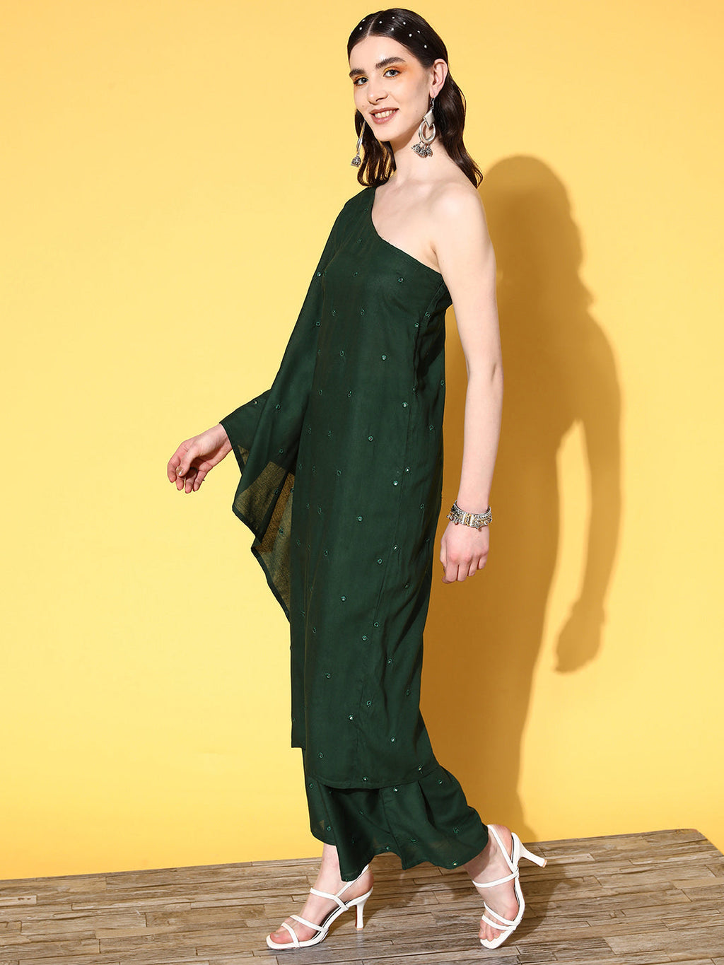 InWeave Women's Green Mirror Work One Shoulder Kurta Set | Grocsy