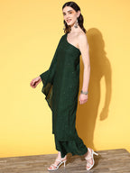 InWeave Women's Green Mirror Work One Shoulder Kurta Set | Grocsy