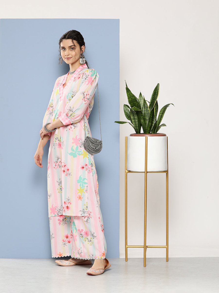 Ahalyaa Women Pink Floral Printed Gotta Patti Kurta with Palazzos | Grocsy