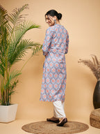 InWeave Women's Blue Pink Print Angrakha Style Straight Kurta Pant Set | Grocsy