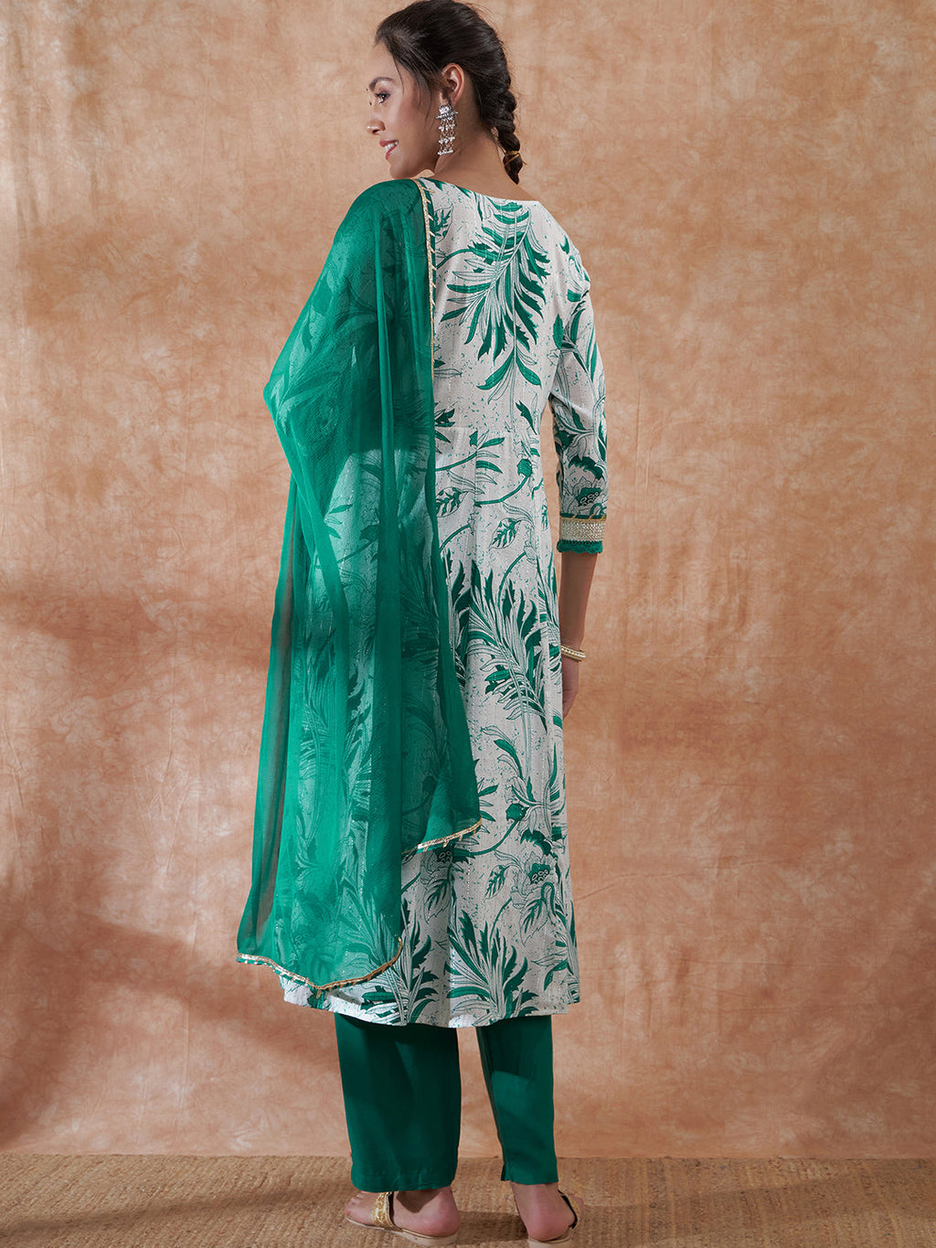 InWeave Women's White Teal Lurex Leaf Print Patch Gota Kurta Set W Teal Dupatta | Grocsy