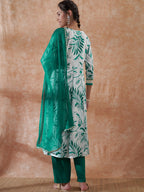InWeave Women's White Teal Lurex Leaf Print Patch Gota Kurta Set W Teal Dupatta | Grocsy