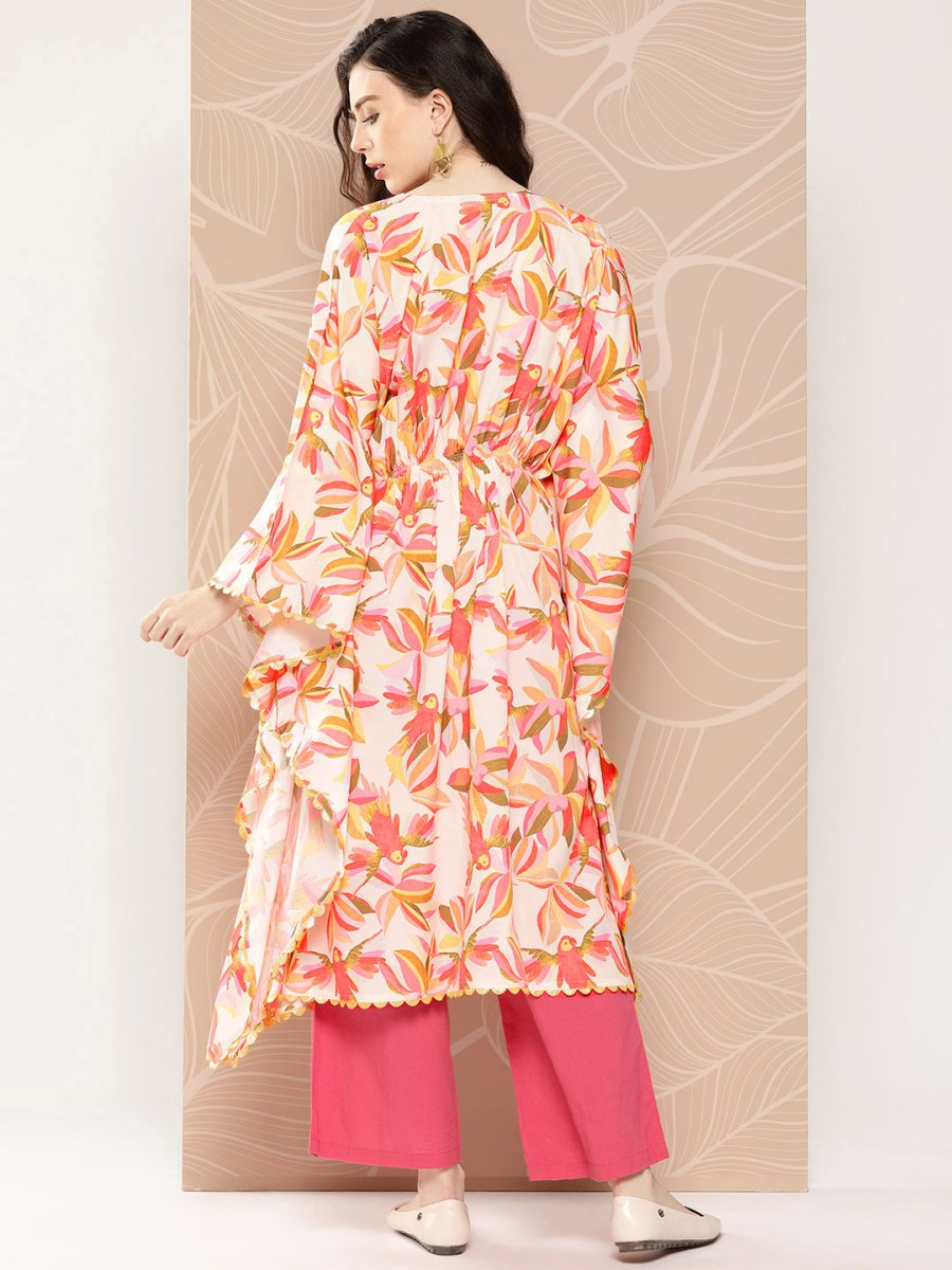 Ahalyaa Women Floral Printed Flared Sleeves Gotta Patti Crepe Kaftan Kurta | Grocsy