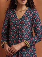 trueBrowns Black Floral Print A-line Kurta Set | Grocsy